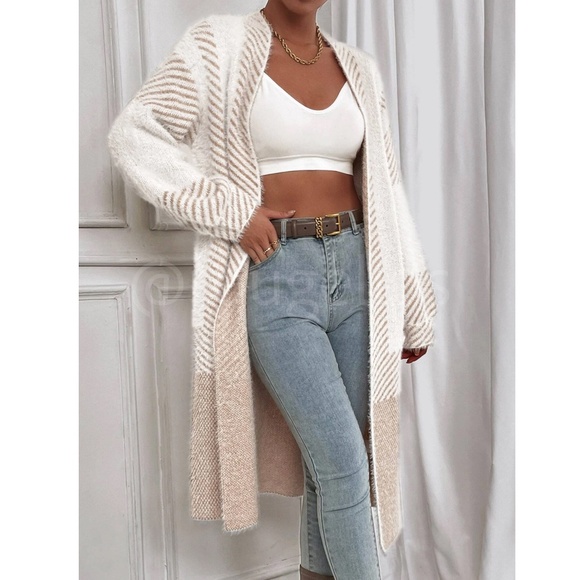 Fuzzy Longline Duster Cardigan Open Long Sleeve Colorblock White Beige - Picture 4 of 9